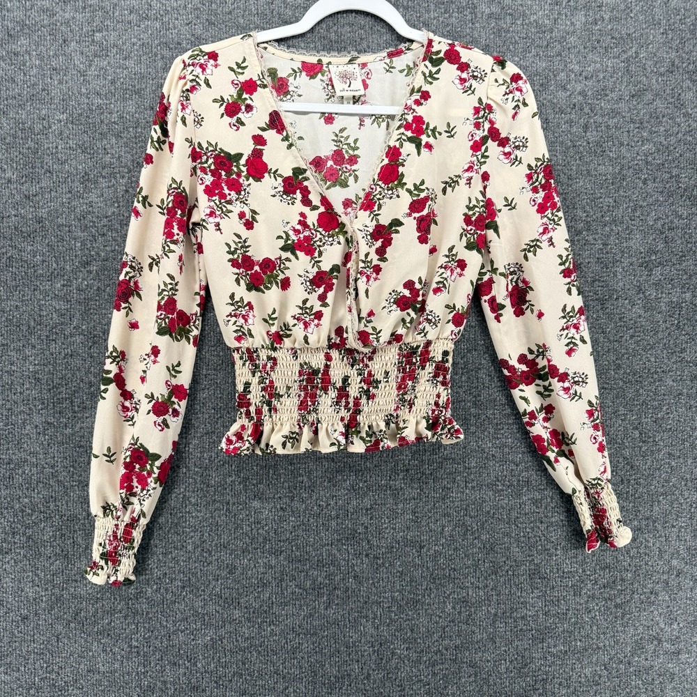 Self Esteem Top Womens XS Cream Red Floral V-Neck Crop Western Boho Festival 90s